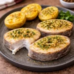 Rodajas de merluza en freidora de aire con ajo, perejil y patatas cocidas listas para servir