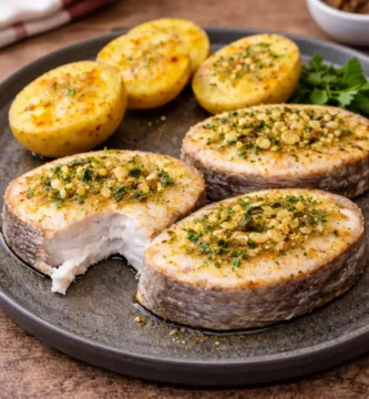 Rodajas de merluza en freidora de aire con ajo, perejil y patatas cocidas listas para servir