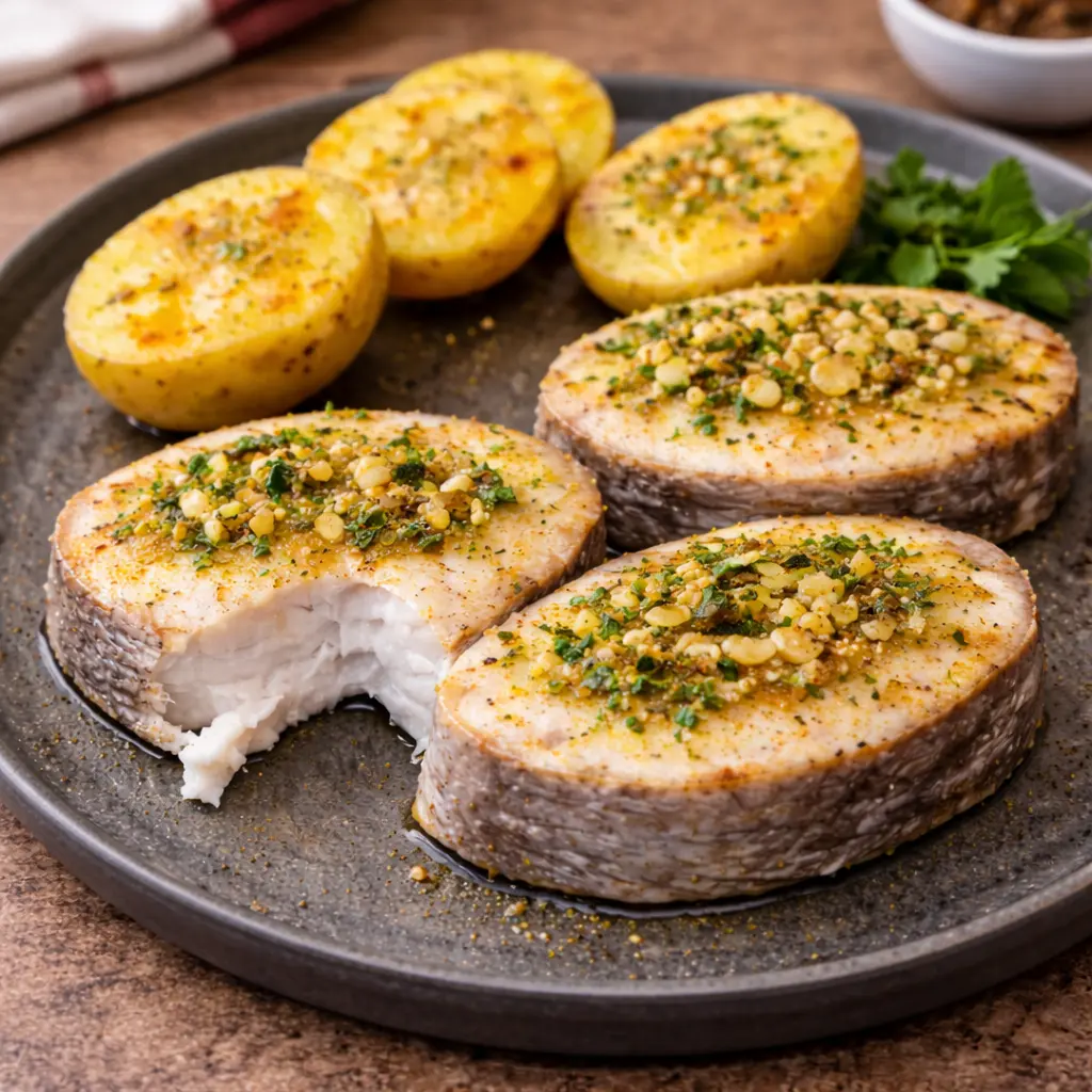 Rodajas de merluza en freidora de aire con ajo, perejil y patatas cocidas listas para servir