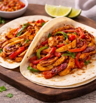 Fajitas de pollo con verduras montadas en tortilla y resultado final listo para servir