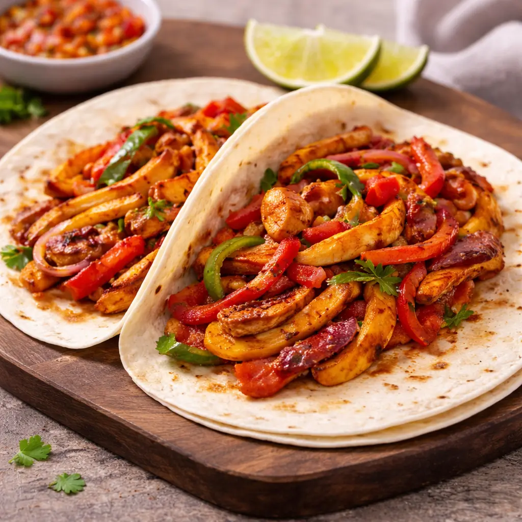 Fajitas de pollo con verduras montadas en tortilla y resultado final listo para servir