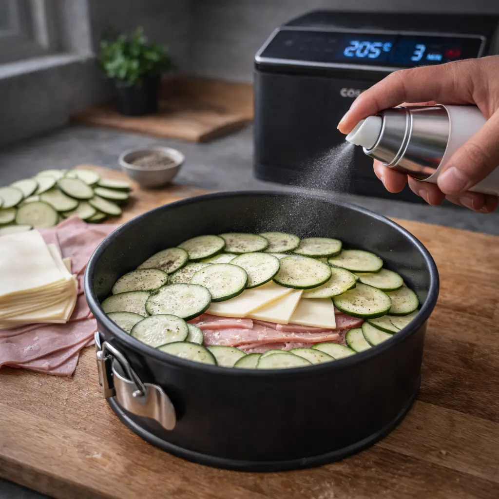 Montar capas de calabacín jamón cocido y queso dentro del molde