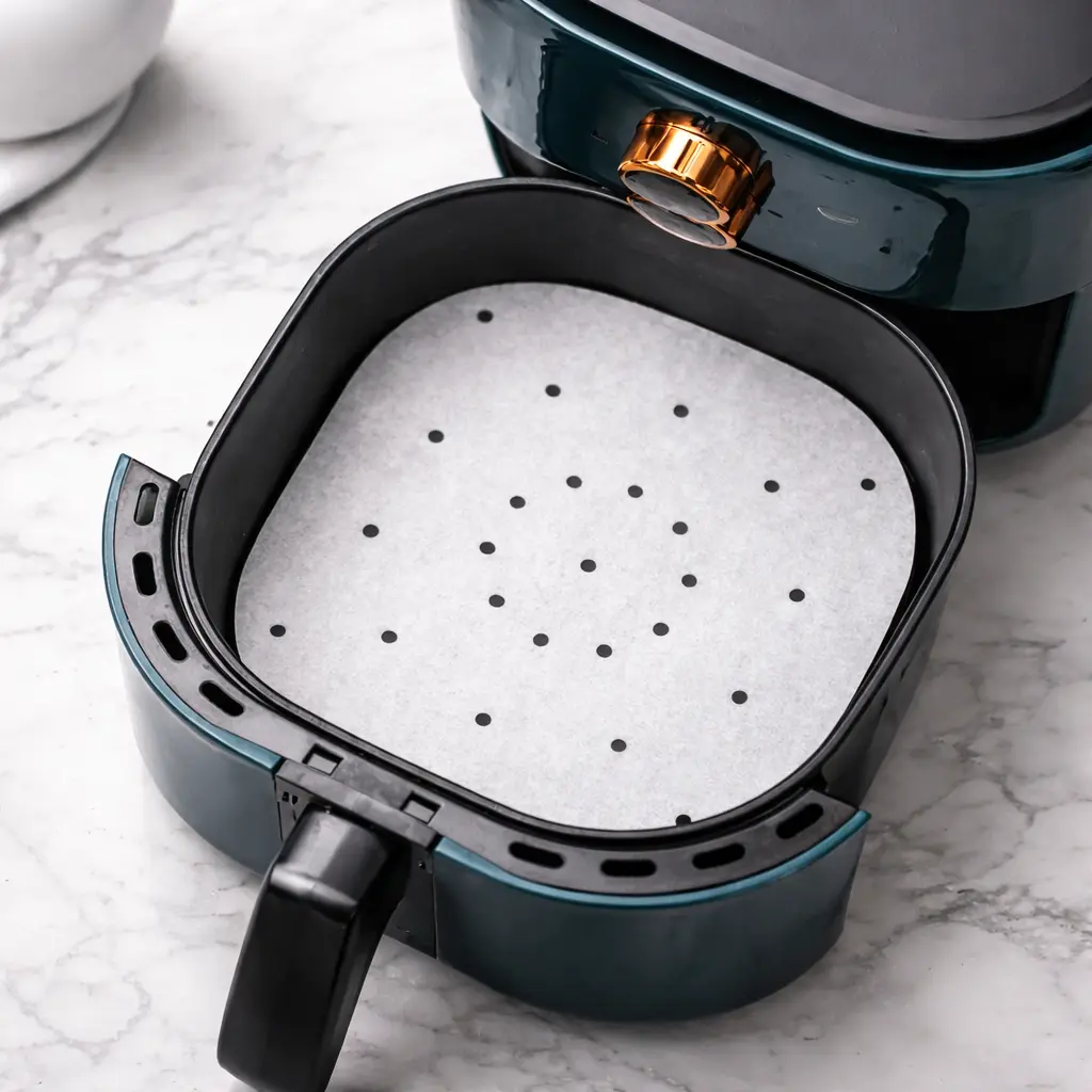 Papel perforado para freidora de aire en cesta antiadherente