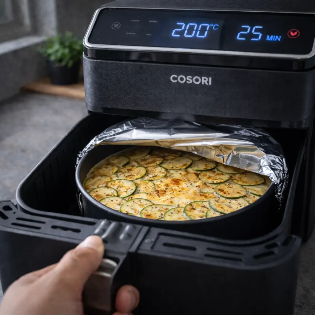Pastel de calabacín cocinándose en freidora de aire durante la fase principal