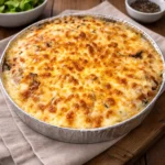 Pastel de calabacín con jamón y queso gratinado servido en mesa con superficie dorada y cremosa