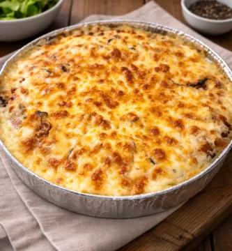 Pastel de calabacín con jamón y queso gratinado servido en mesa con superficie dorada y cremosa