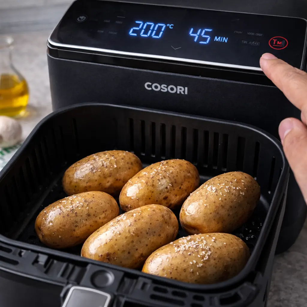 Patatas enteras en freidora de aire a 200 grados durante 45 minutos