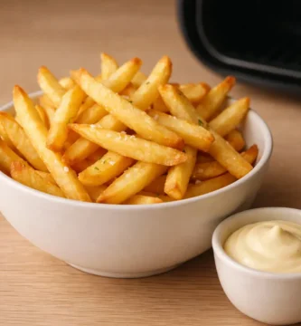 Patatas fritas caseras en freidora de aire servidas en bol con textura dorada y crujiente