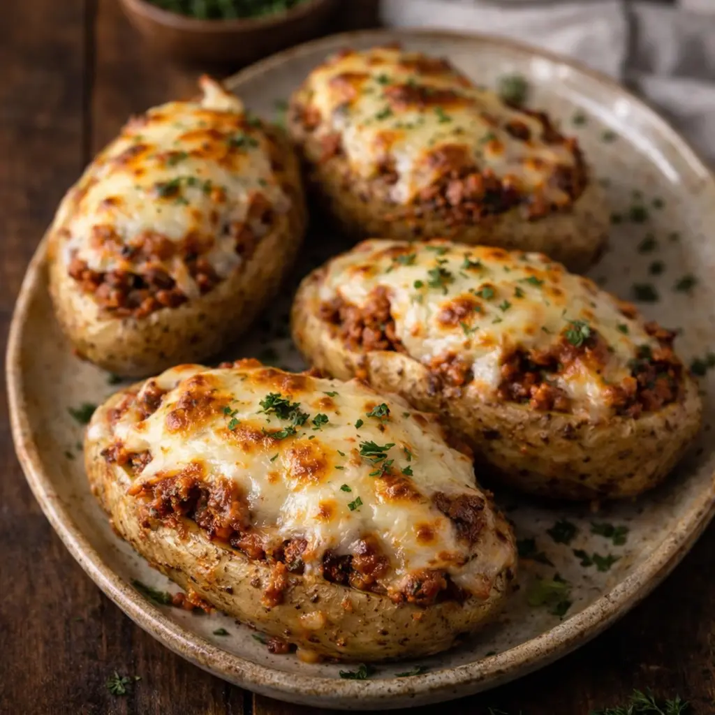 Patatas rellenas de carne con queso fundido y gratinado dorado servidas en plato listas para comer