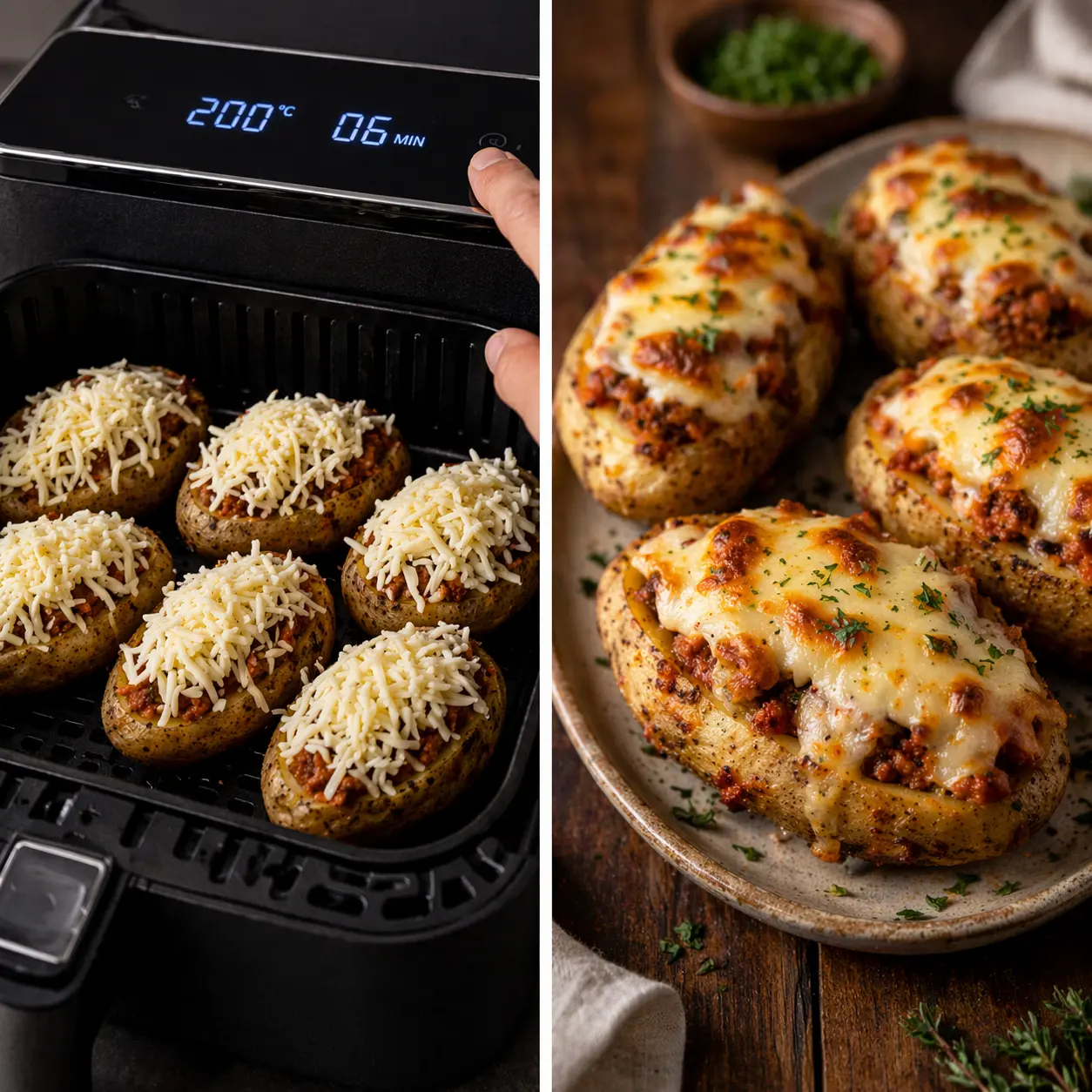 Patatas rellenas gratinadas en freidora de aire antes y después del acabado final