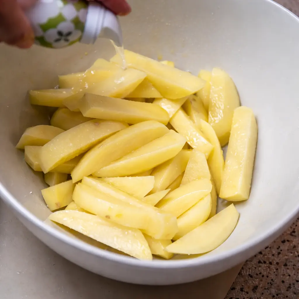 Patatas tras el remojo con menos almidón listas para secar antes de cocinar