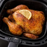 Pollo entero dorado y crujiente cocinado en freidora de aire con limón y especias dentro de la cesta