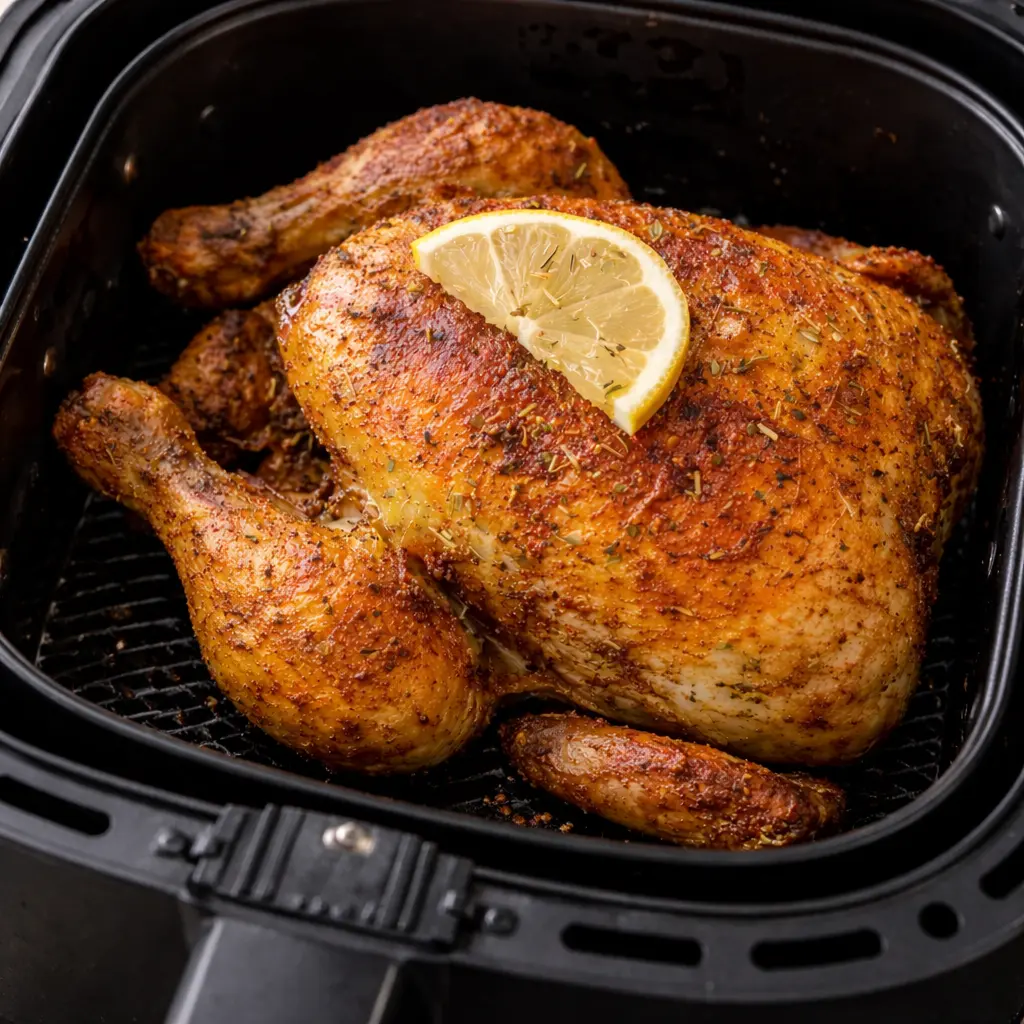 Pollo entero dorado y crujiente cocinado en freidora de aire con limón y especias dentro de la cesta