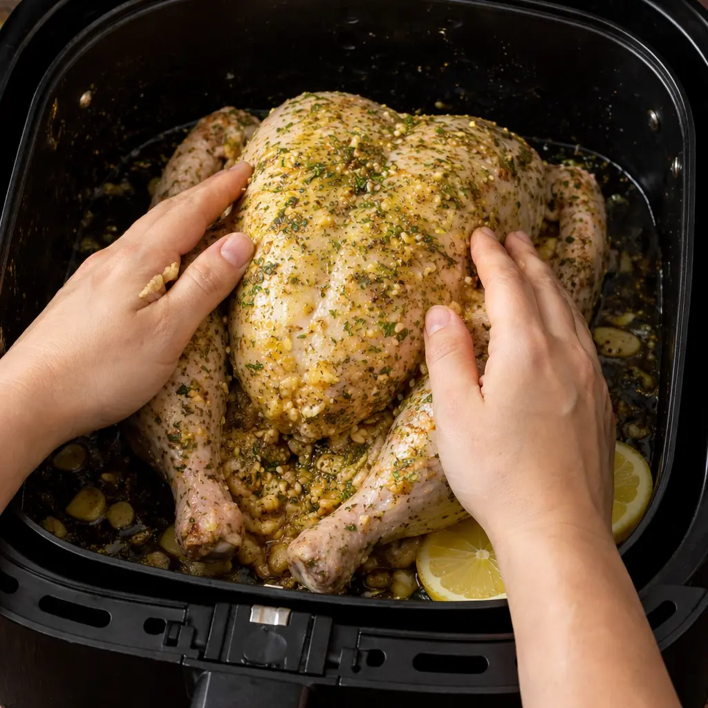 Pollo entero con aliño ya repartido antes de cocinar en freidora de aire