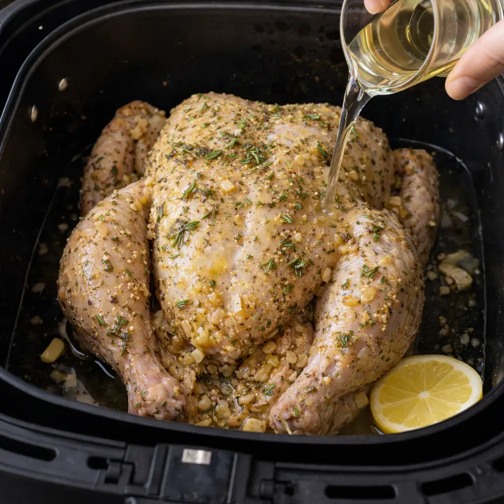 Pollo entero en freidora de aire sin rejilla con vino blanco y limón
