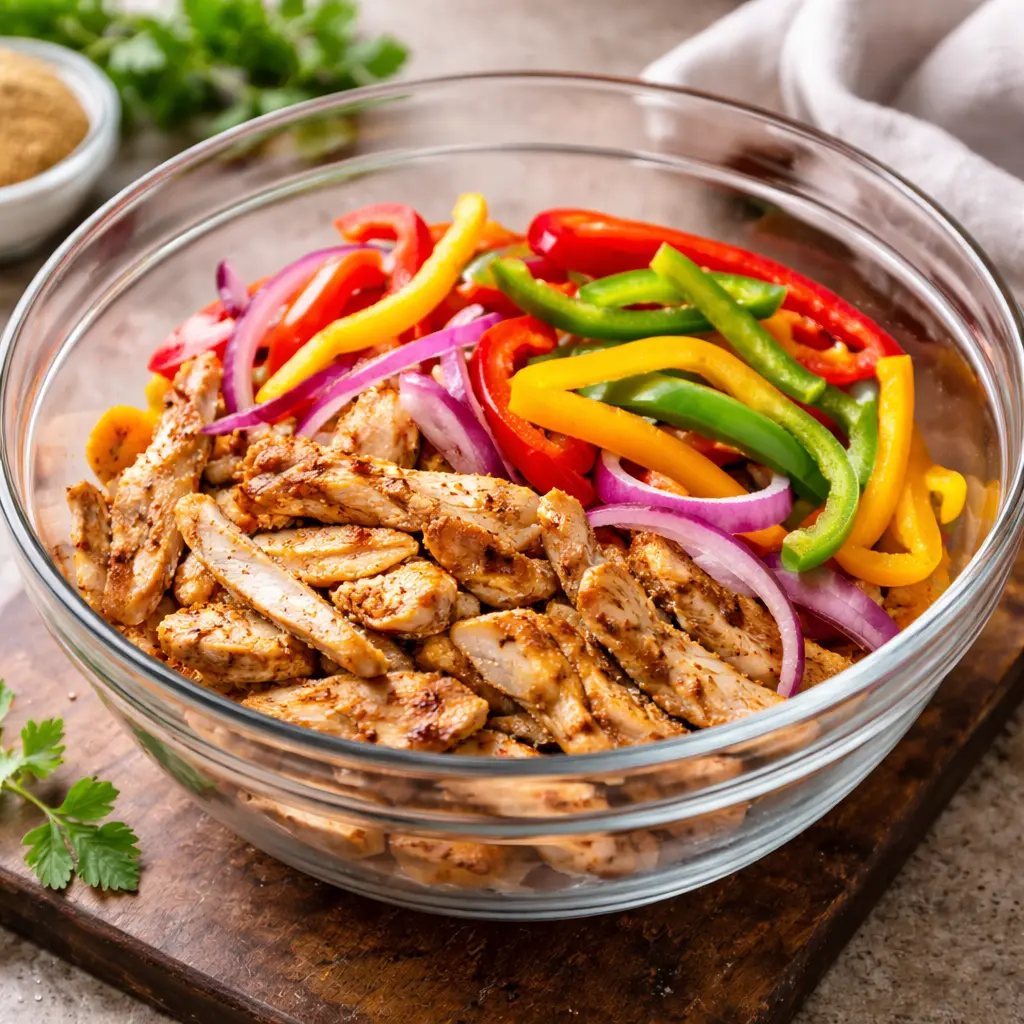 Pollo, pimientos y cebolla cortados en tiras para fajitas