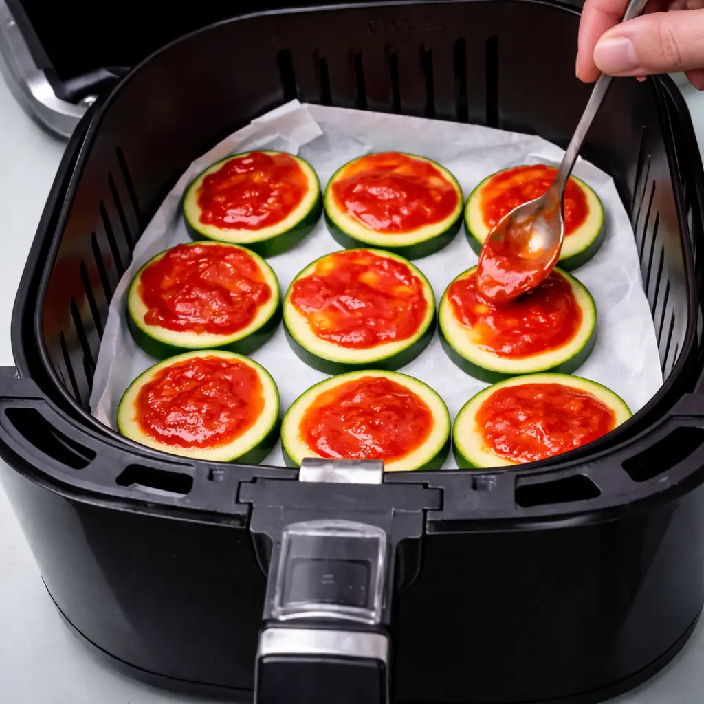 Preparación de calabacín con tomate en freidora de aire antes de cocinar