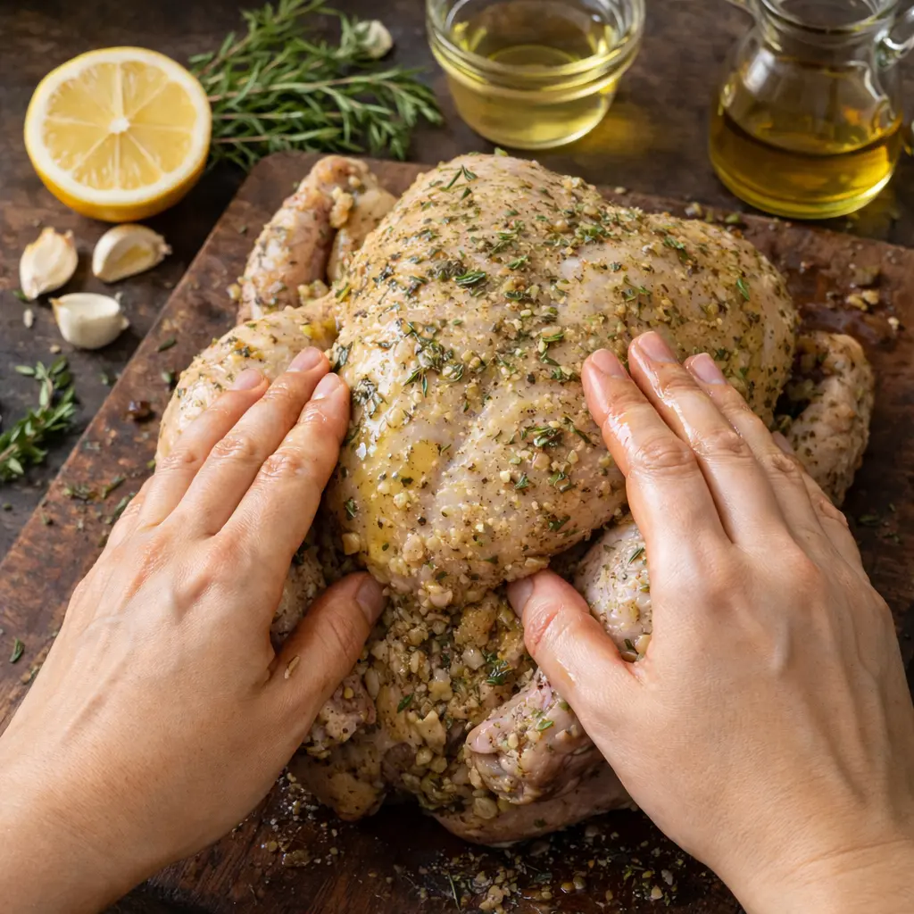 Preparación del pollo entero con aliño en freidora de aire