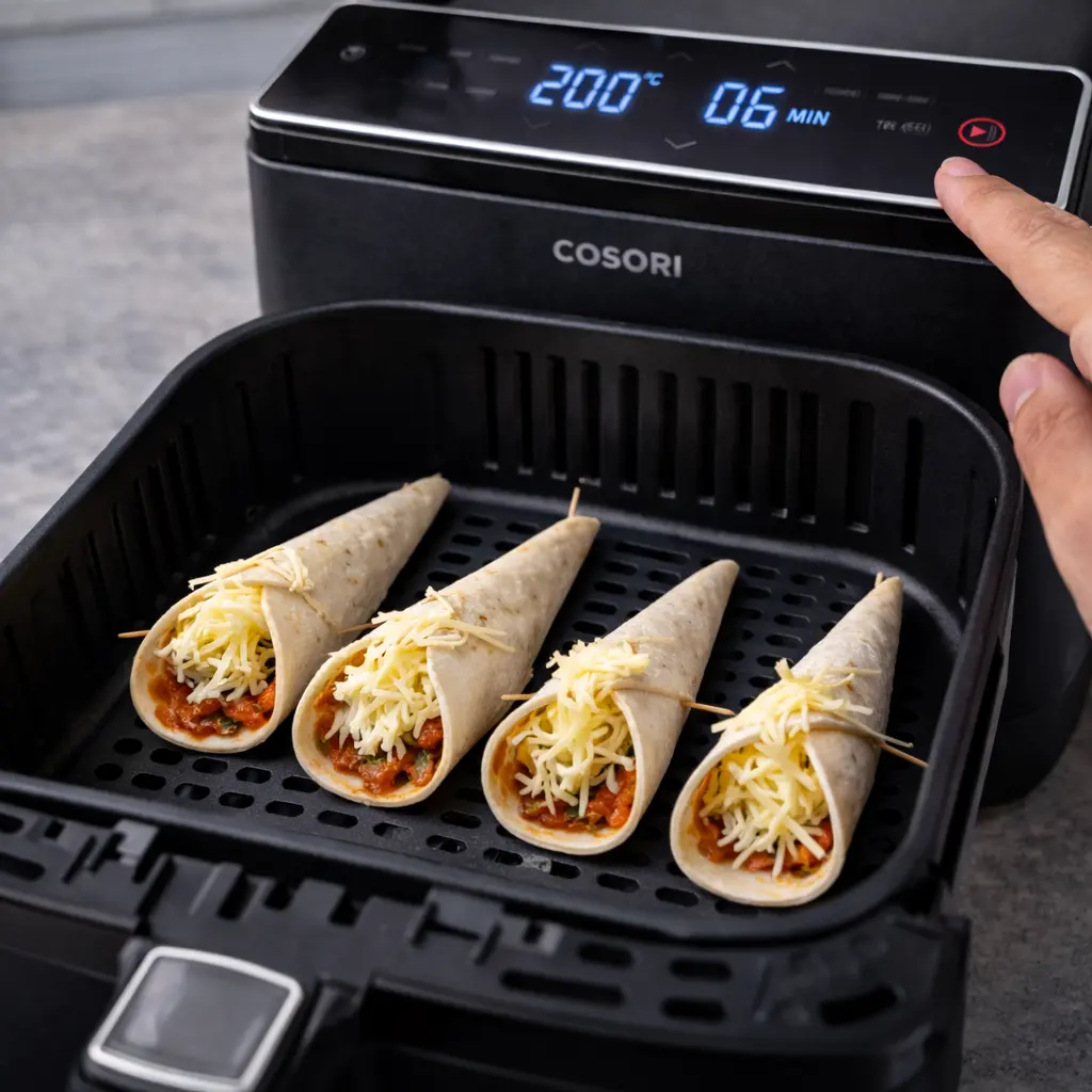 Programación de conos de pizza en freidora de aire a 200 grados durante 6 minutos