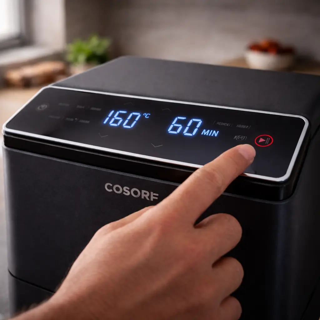 Programar freidora de aire a 160 grados durante 60 minutos para pollo entero