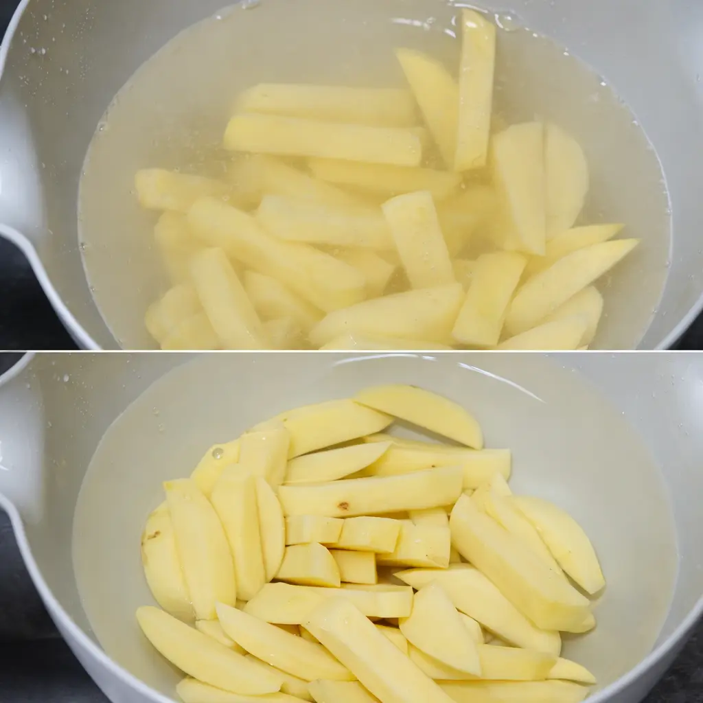 Remojo de patatas en agua fría para eliminar almidón antes de air fryer