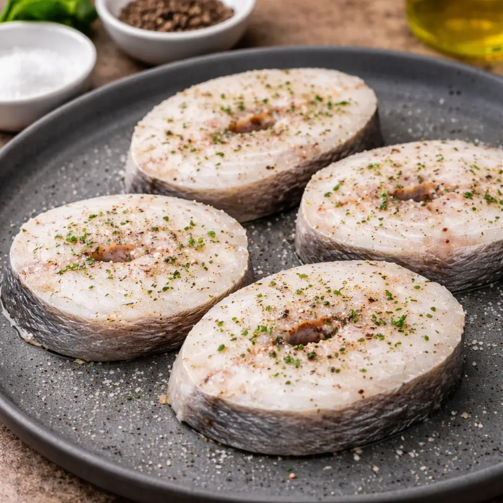 Rodajas de merluza salpimentadas antes de cocinar en airfryer