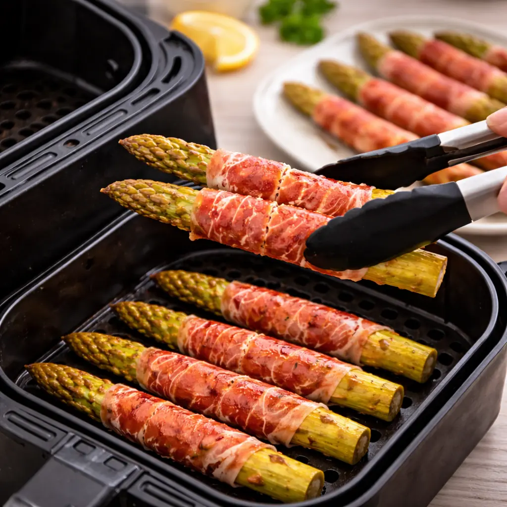 Sacar espárragos con jamón crujiente de la airfryer al terminar la cocción