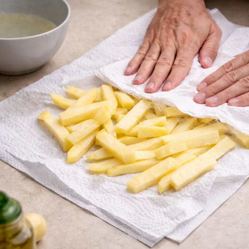 Remojo de patatas en agua fría para eliminar almidón antes de air fryer