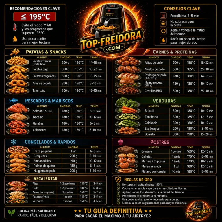 Tabla de tiempos freidora de aire PDF: Cosori, Cecotec y airfryer en español