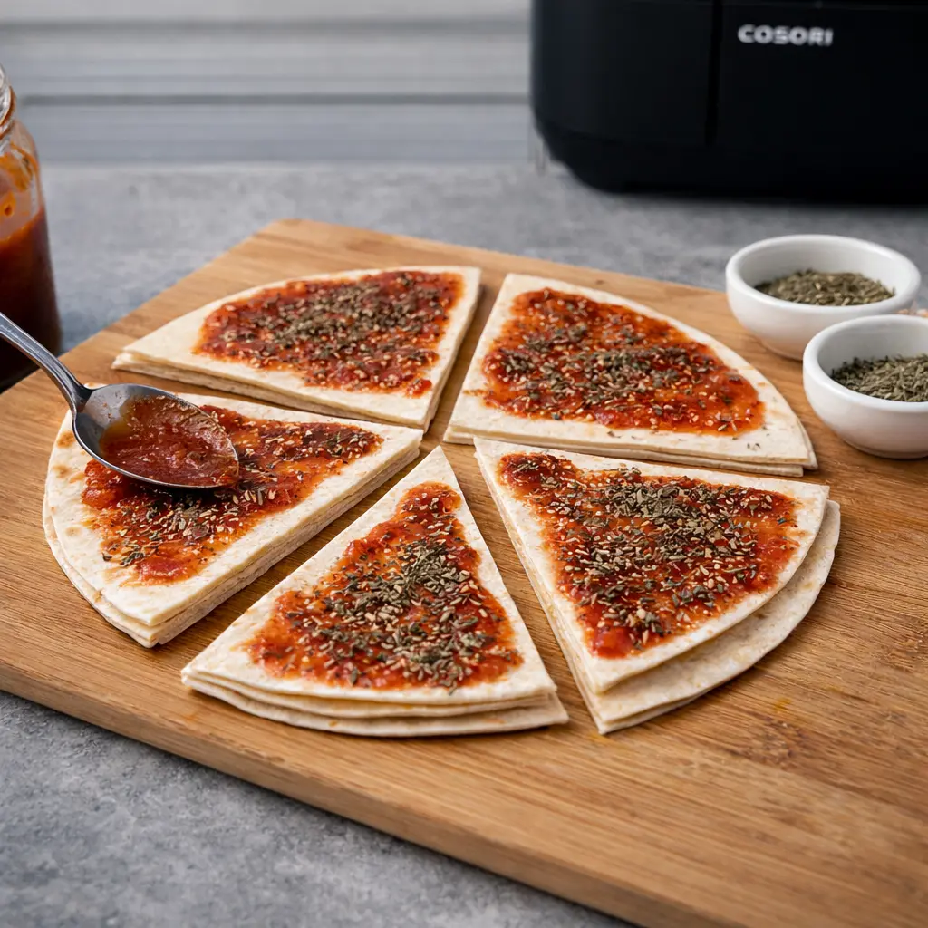Tortillas con tomate y especias para conos de pizza en airfryer