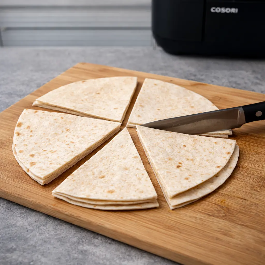 Tortillas de trigo cortadas para hacer conos de pizza en freidora de aire