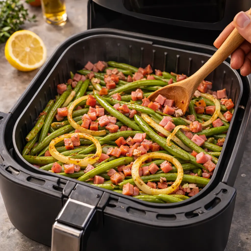 Añadir jamón a las judías verdes en freidora de aire en la segunda fase de cocción