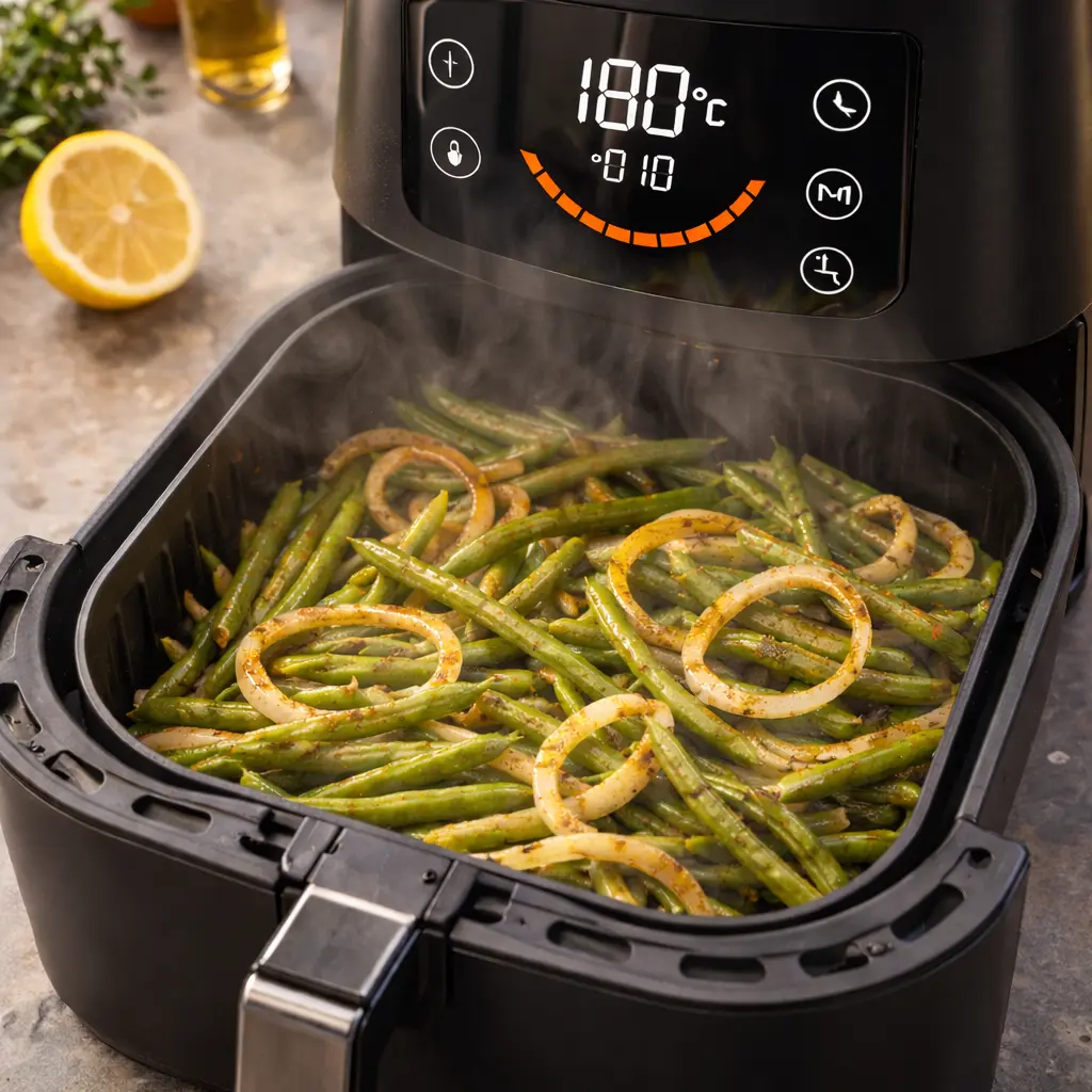 Cocinar judías verdes en freidora de aire a 180 grados durante 10 minutos