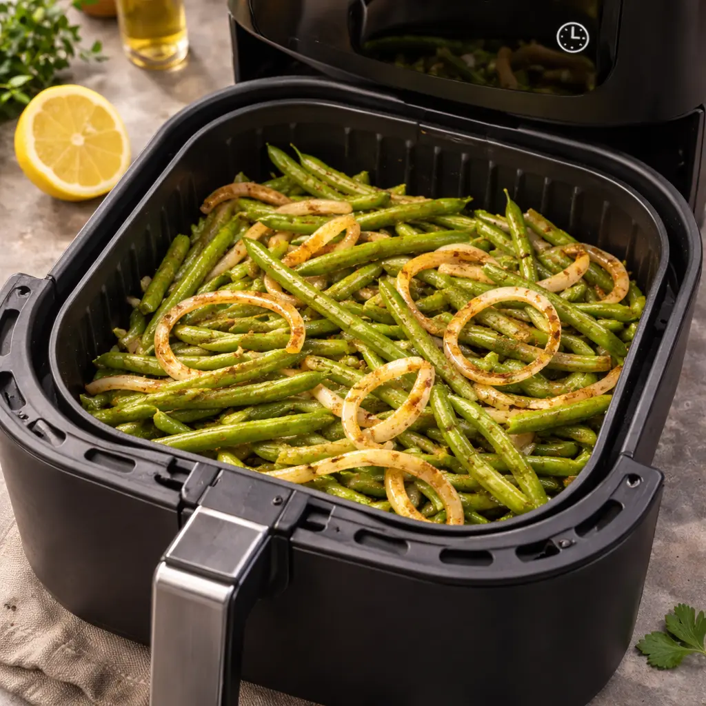 Colocar judías verdes en la cesta de la freidora de aire sin amontonar