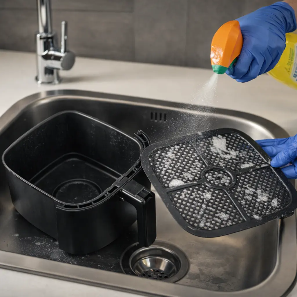 Aplicar desengrasante en la rejilla de la freidora de aire correctamente