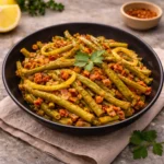 plato de judías verdes en freidora de aire con jamón y limón terminado y listo para servir