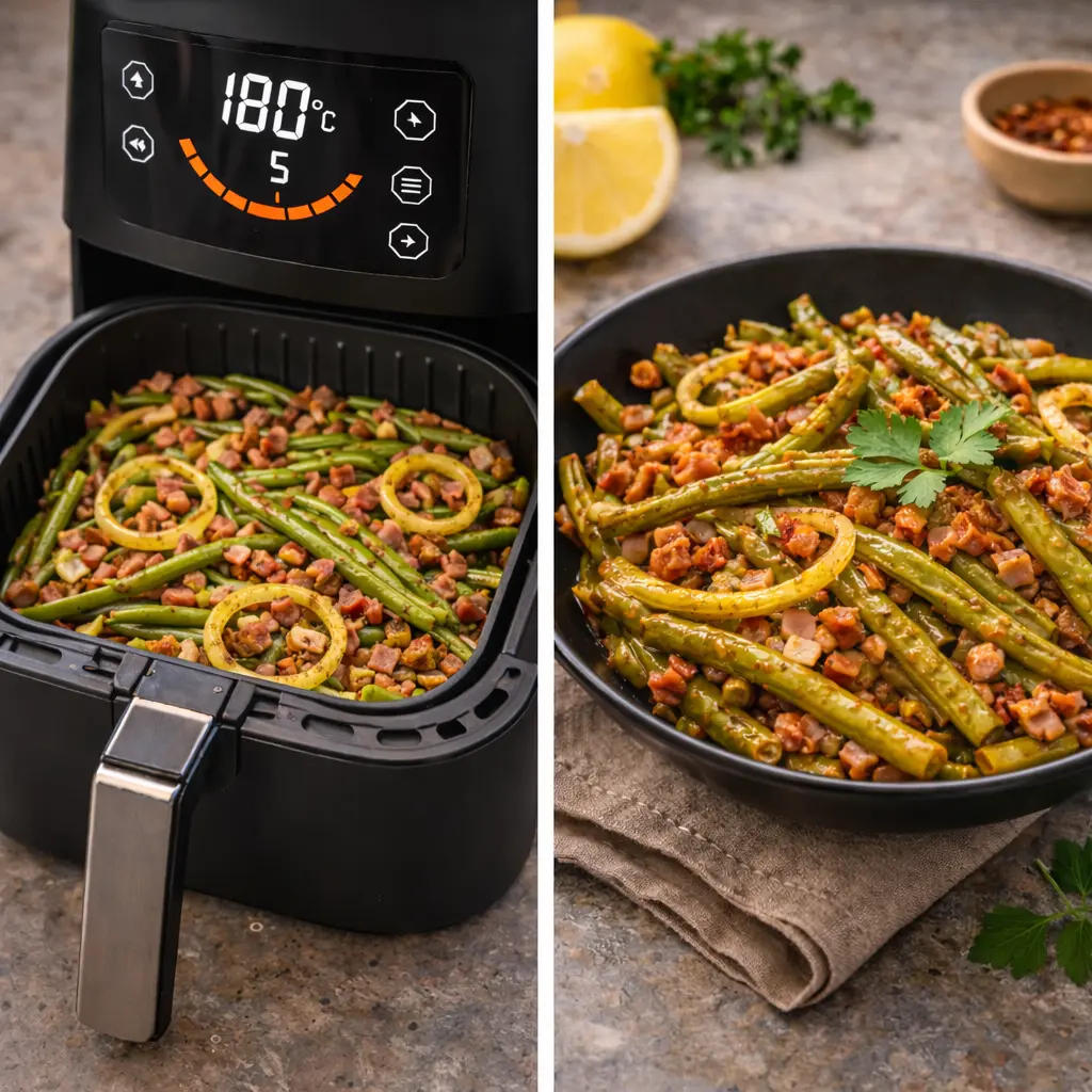 Judías verdes en freidora de aire tras 5 minutos finales con resultado listo para servir