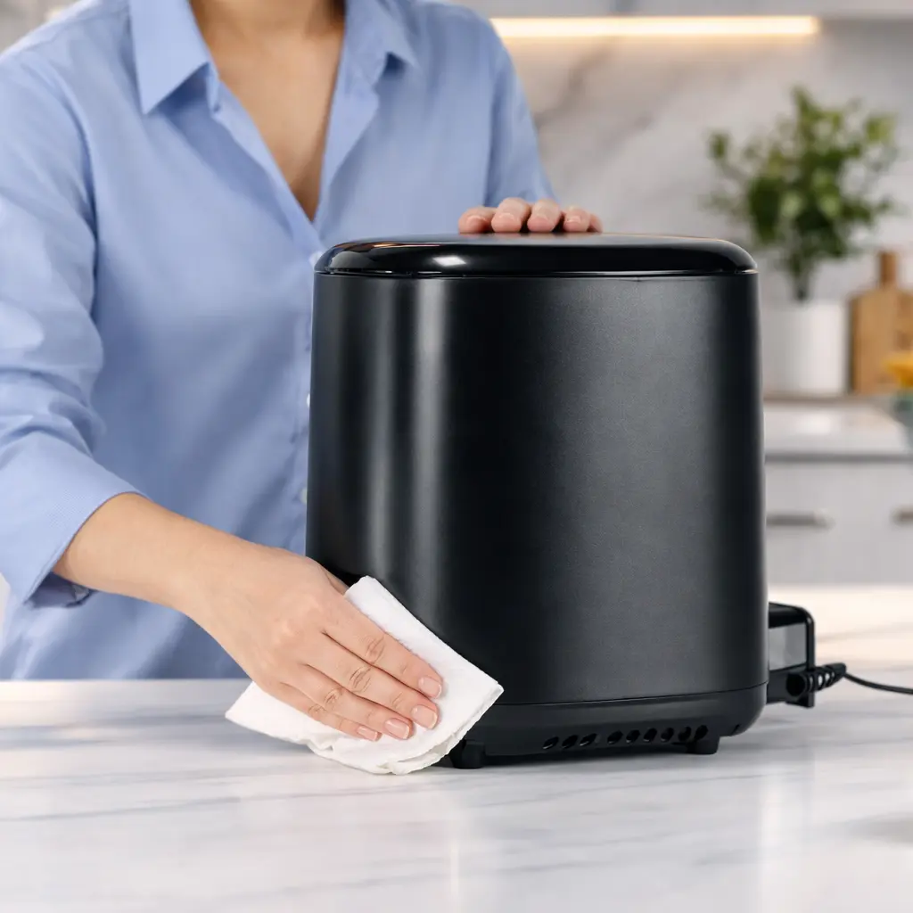 Limpiar el exterior de una freidora de aire con papel de cocina