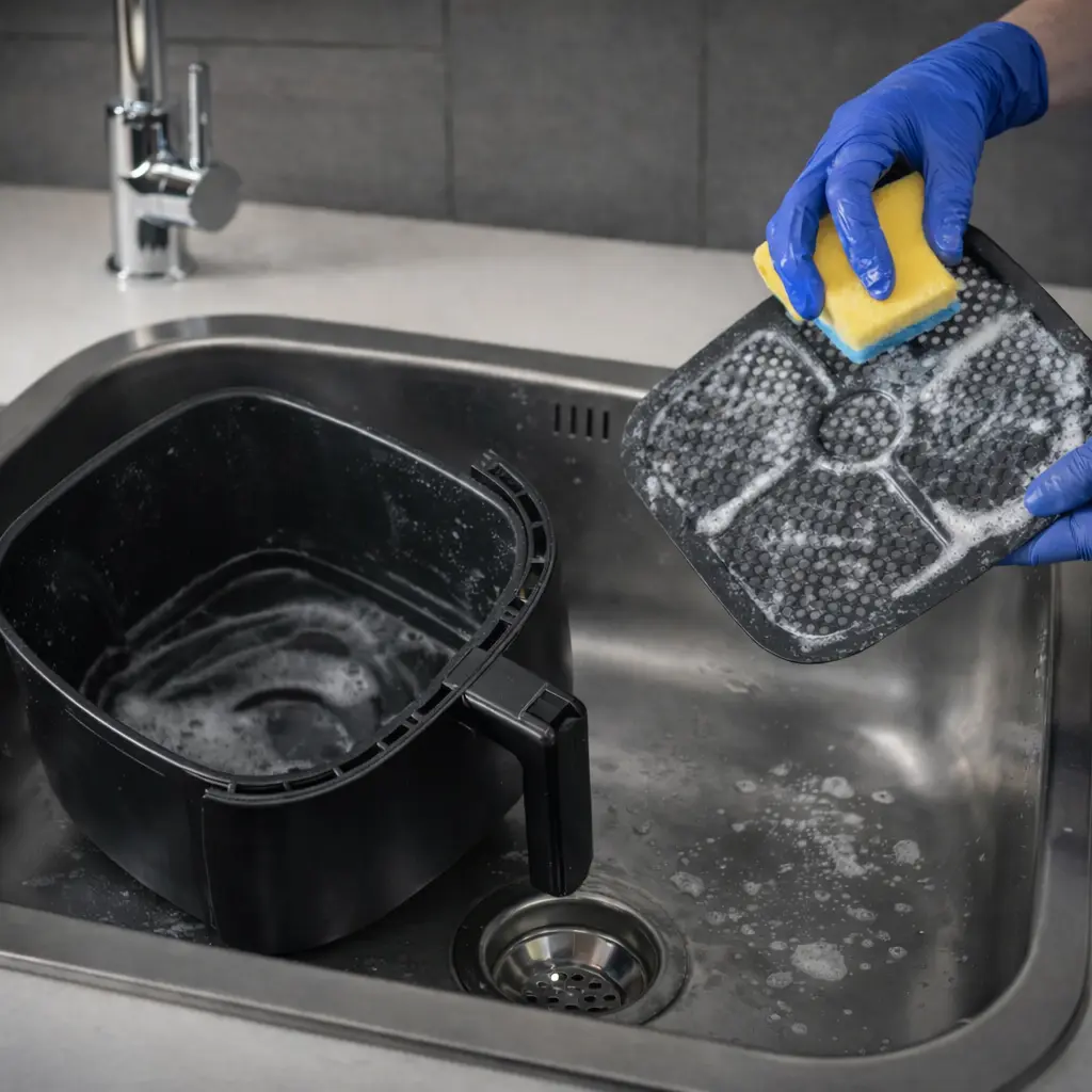 Limpiar la rejilla de la freidora de aire con esponja y desengrasante