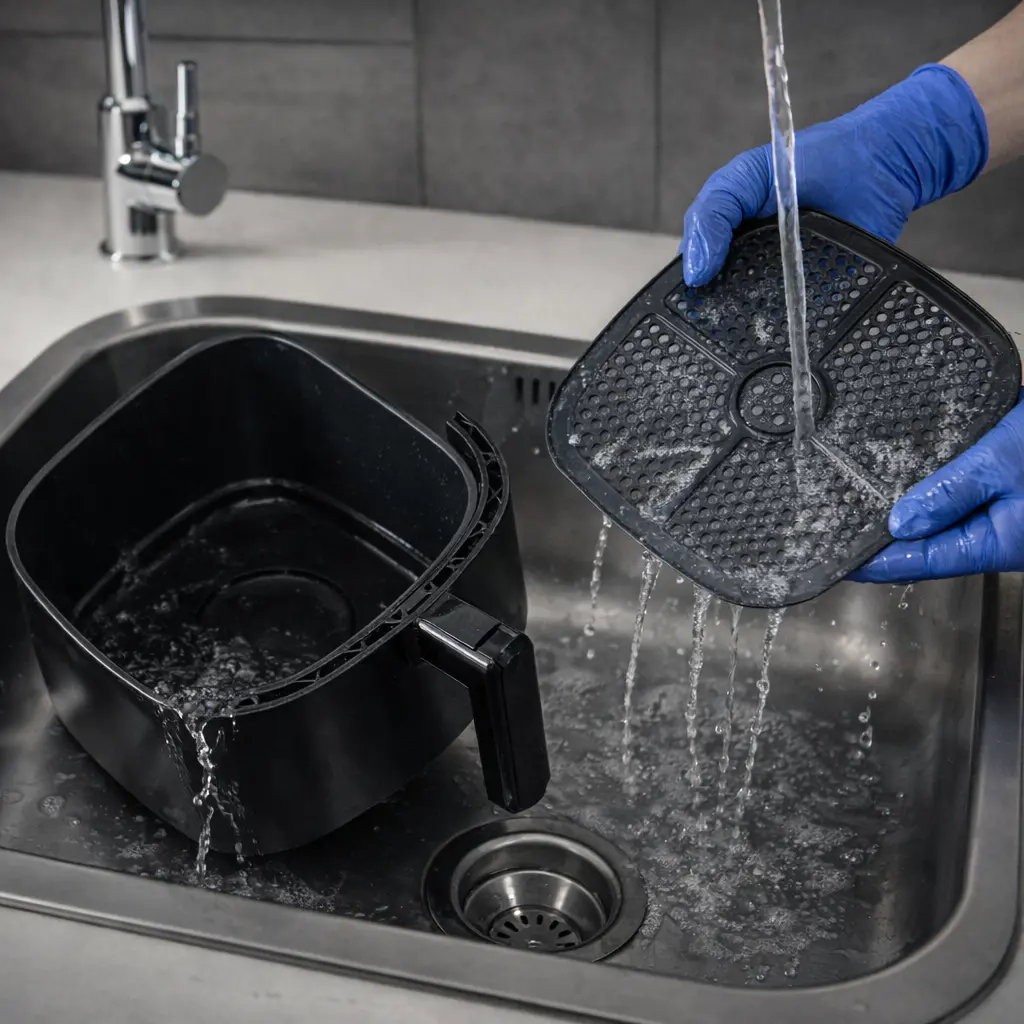 Lavar la rejilla y la cubeta de la freidora de aire bajo el grifo con agua abundante