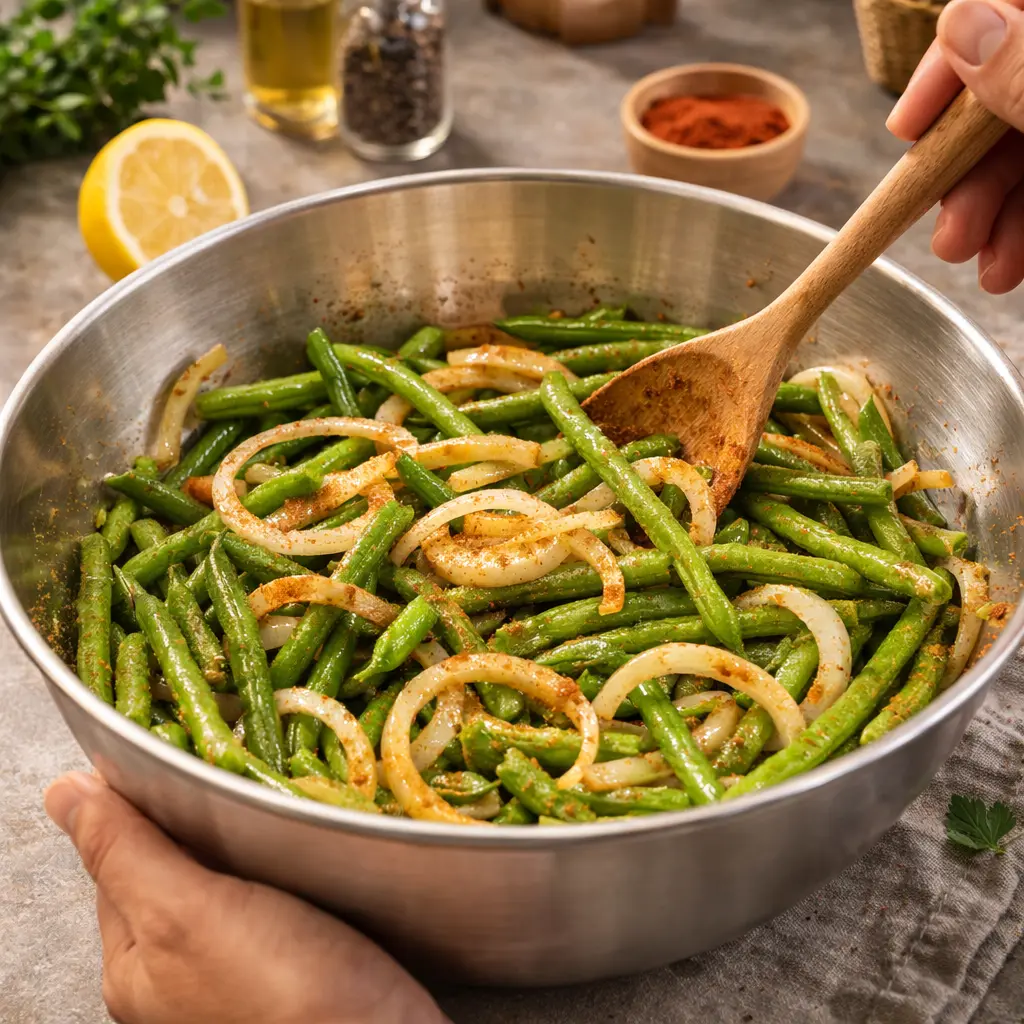 Mezclar judías verdes con cebolla y aliño antes de cocinar en airfryer