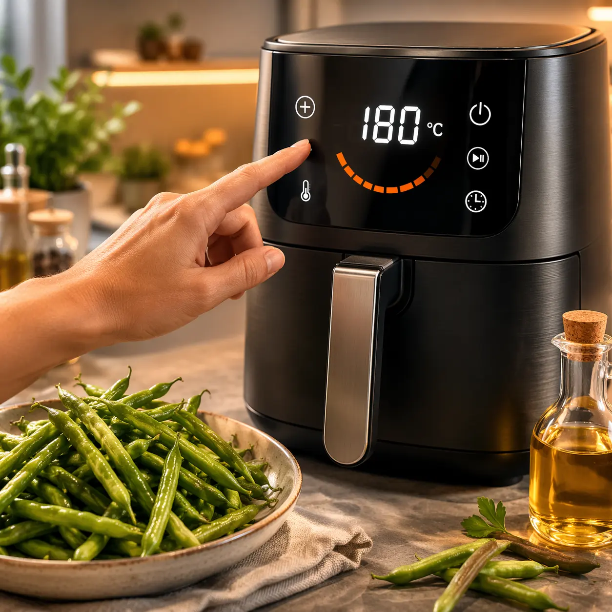 Precalentar freidora de aire a 180 grados para cocinar judías verdes