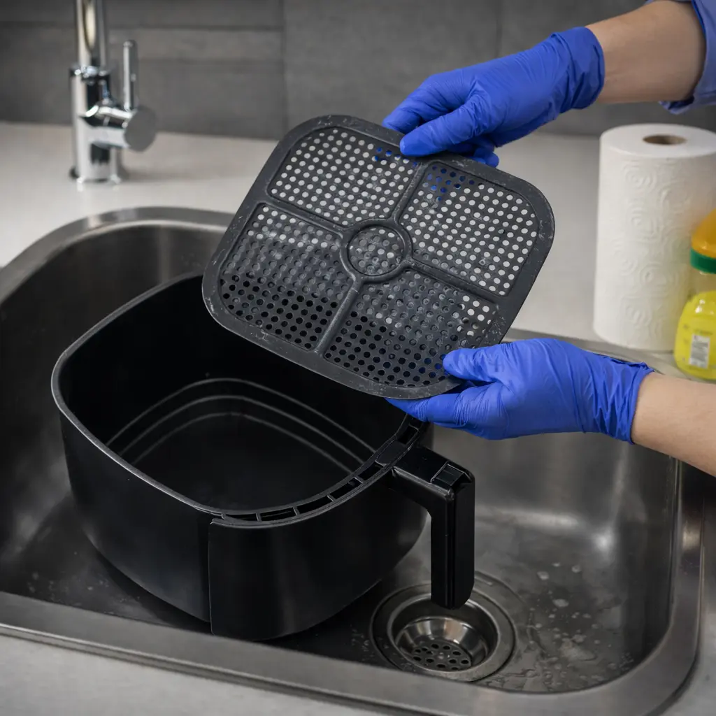 Sacar la rejilla de la freidora de aire para empezar la limpieza paso a paso