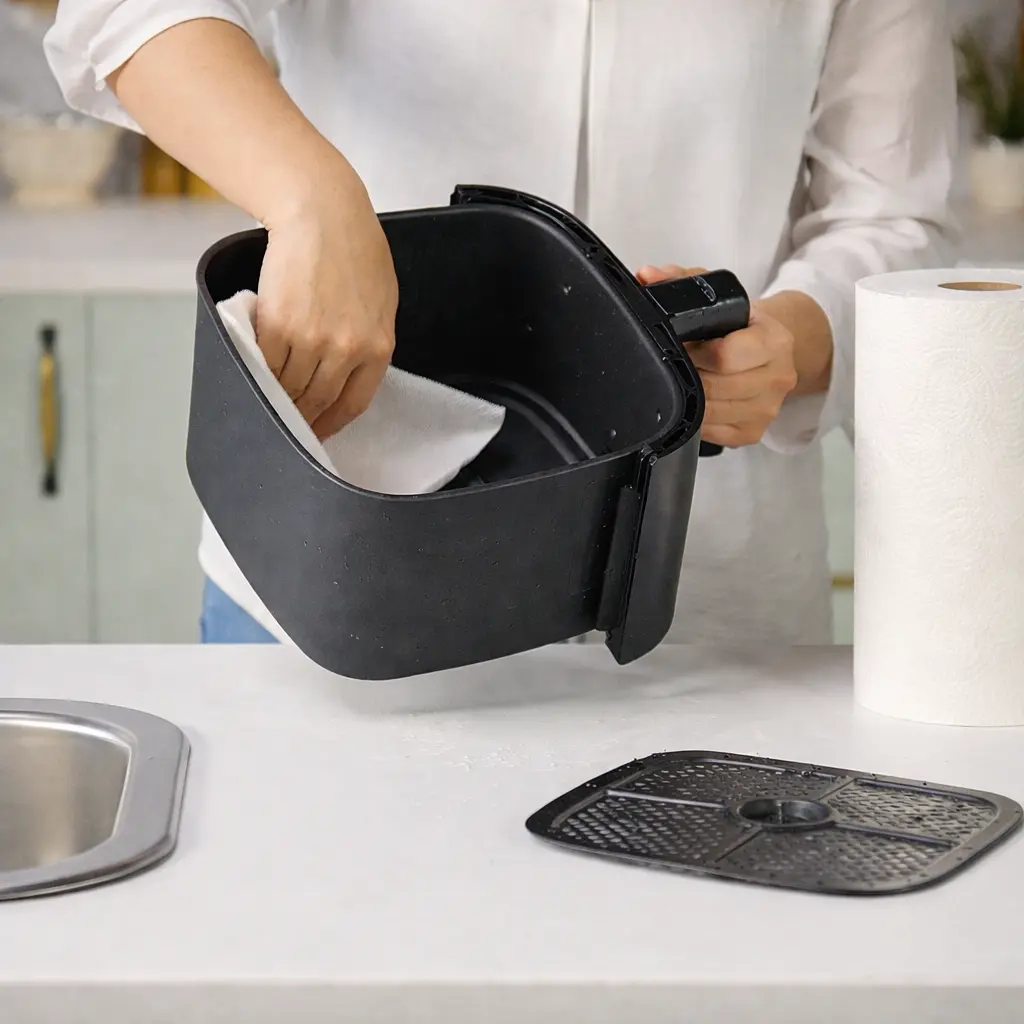 Secar la cubeta de una freidora de aire después de lavarla