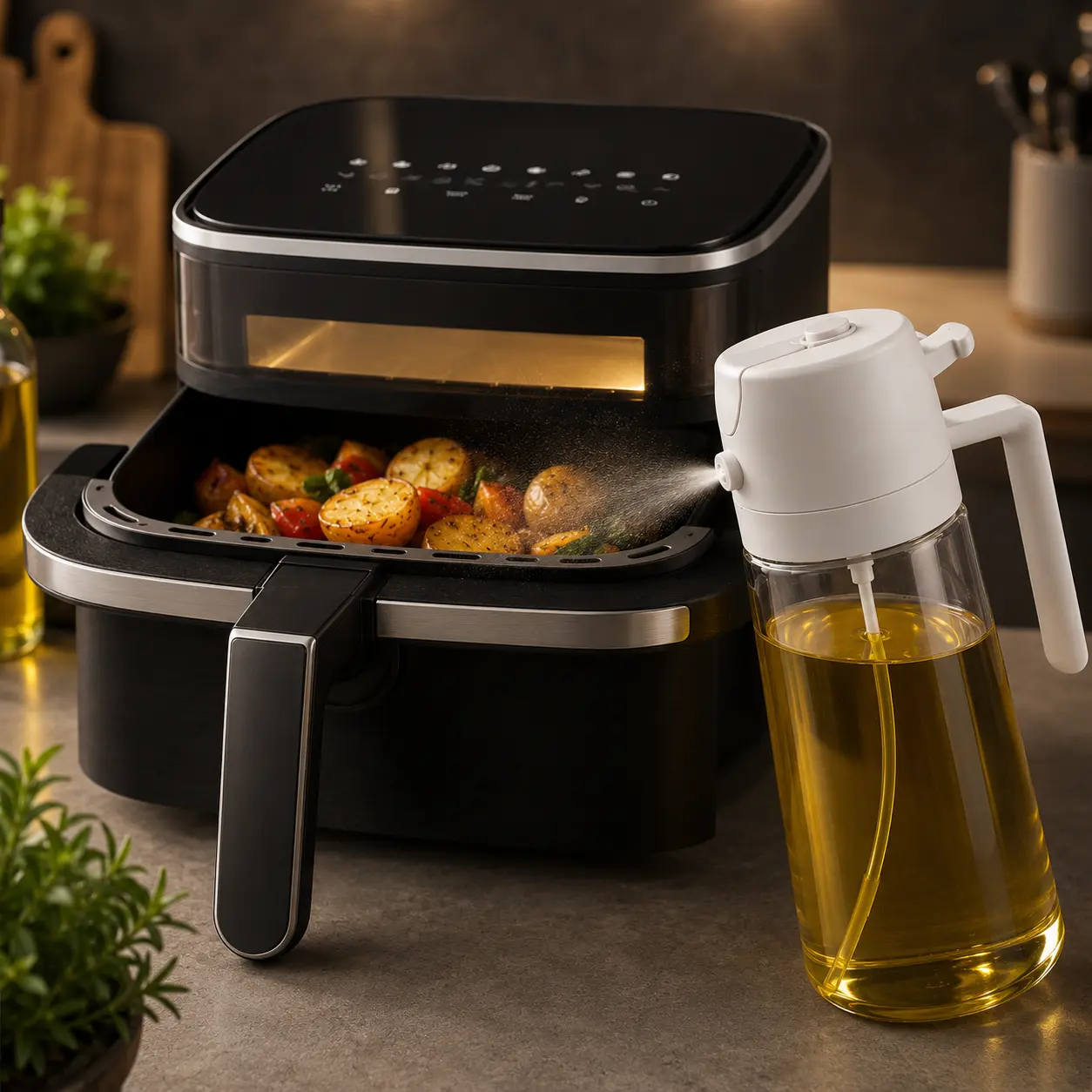 Aceite en spray para freidora de aire junto a una airfryer con patatas