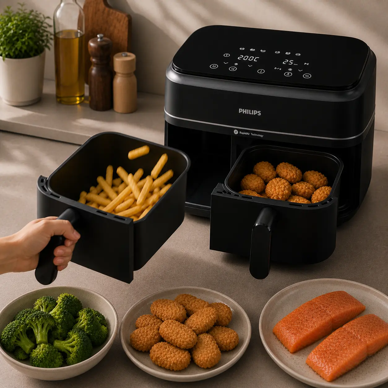 Mano sacando cesta de freidora de aire Philips con patatas para agitarlas durante la cocción con otros alimentos