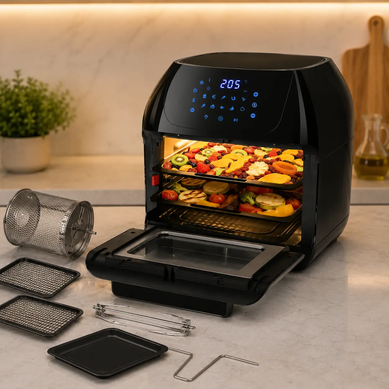Aigostar Owen 12 L: horno air fryer con puerta frontal y accesorios tipo bandejas.