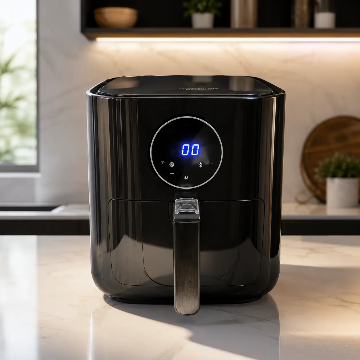 Freidora de aire Aigostar negra con panel digital encendido sobre una encimera de cocina