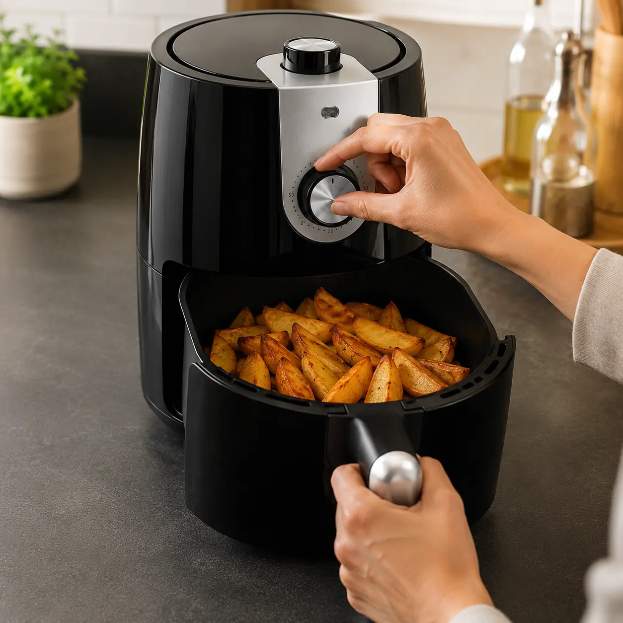 Mano ajustando el tiempo final de una freidora de aire Orbegozo con patatas dorándose en la cesta