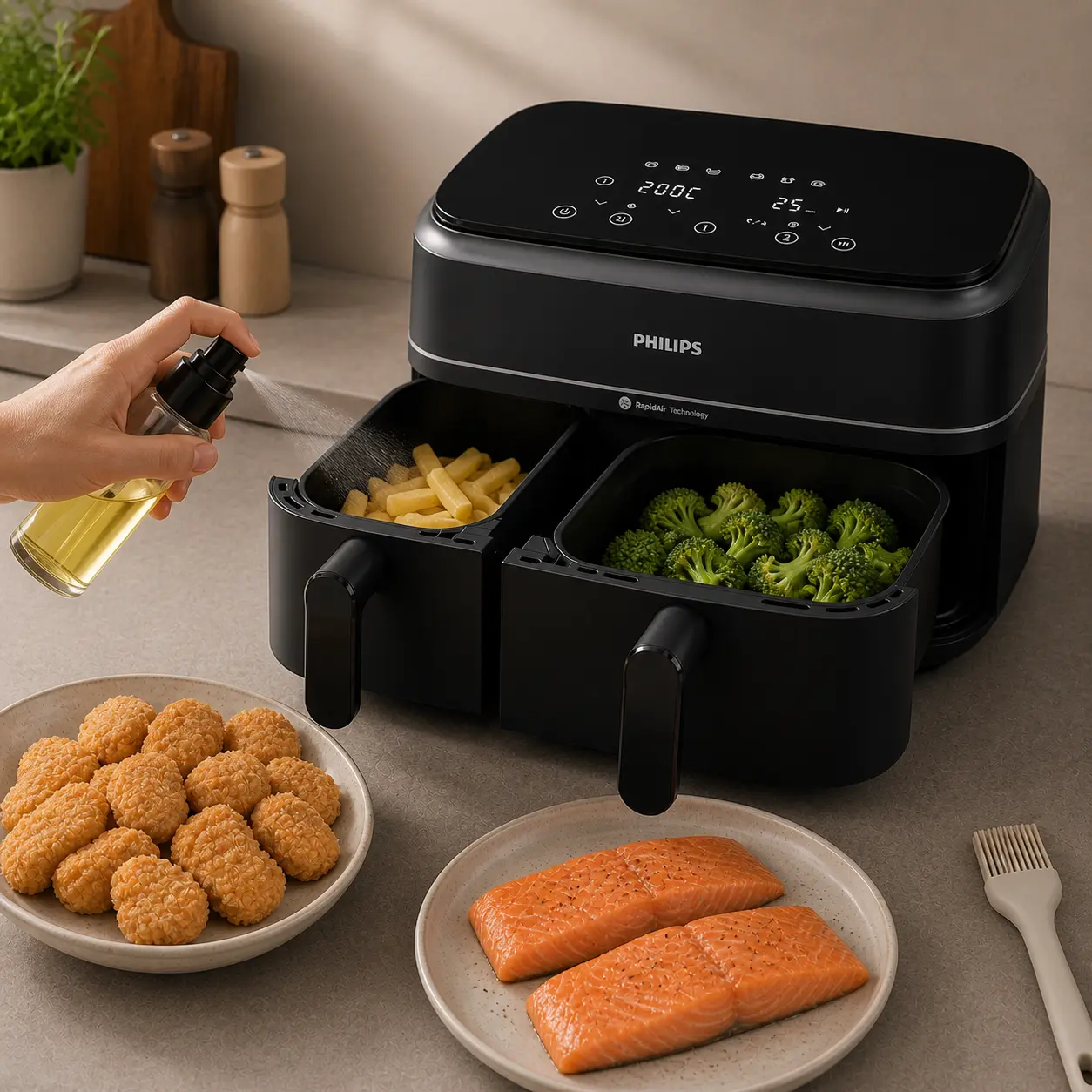 Mano aplicando aceite con spray sobre alimentos en freidora de aire Philips con verduras y nuggets alrededor